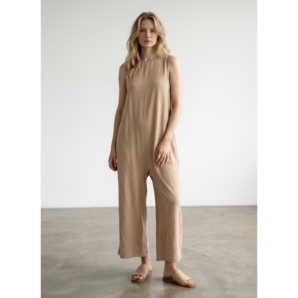 Petal and Pup Tan Linen Blend Wide Leg Sleeveless Open Back Jumpsuit Womens 12